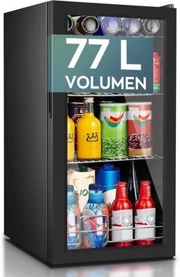 A black mini refrigerator filled with various beverages and cans, with a promotional overlay indicating its volume.