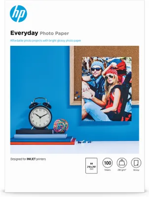 A product shot of HP Everyday Photo Paper with a lifestyle image of a couple on a corkboard in the background.