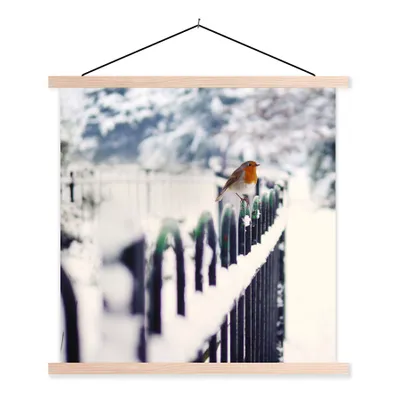 Produktbild von MuchoWow® Textilposter Rotkehlchen - Winter - Schnee 40x40 cm mit holzfarbenen Rahmen - Posterleiste