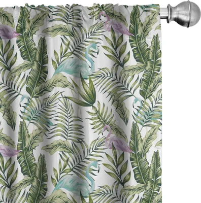 Immagine prodotto di ABAKUHAUS Tende tropicali, tendaggi, composizione di foglie di palma della giungla e fenicotteri esotici, 2 pezzi 75 x 245 cm, verde oliva multicolore