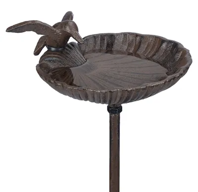 Image de Abreuvoir à oiseaux à planter Relaxdays, coupelle d'eau avec oiseau, résistant au gel, piquet de jardin, hauteur 100 cm, fonte, marron
