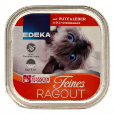 Produktbild von Feines Ragout Katzenfutter mit Pute und Leber in Karottensauce, 16er Pack (16 x 100g Schale)