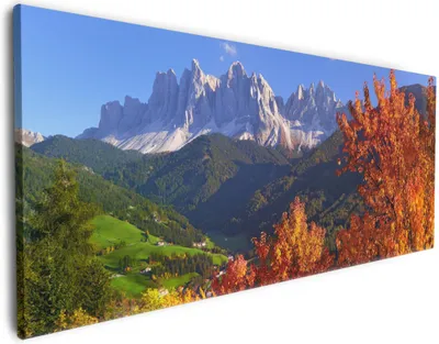 Produktbild von Wallario Premium Leinwandbild Herbst im Gebirgstal unter blauem Himmel in Größe 60 x 150 cm