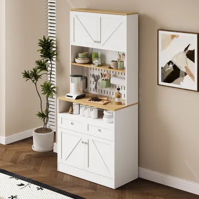 Produktbild von okwish Küchenschrank Hochschrank mit geschlossene und offene Fächer,Buffetschrank Sideboard Highboard mit Regale und Hängeleisten,Weiß