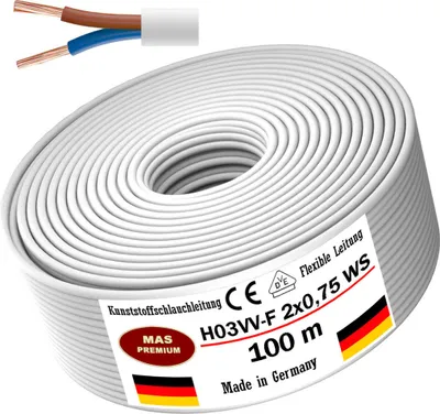 Produktbild von 100m Kunststoffschlauchleitung H03VV-F 2x0,75 Weiß Flexible Leitung Gerätekabel
