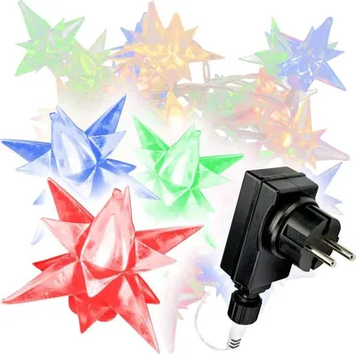 A string of colorful star-shaped lights with a power plug.