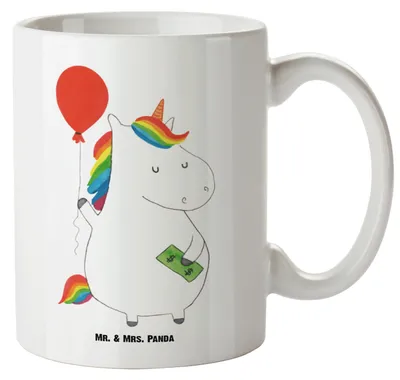 Produktbild von Mr. & Mrs. Panda steingut tasse Einhorn Luftballon - Weiß - Geschenk, Kaffeepott, Einhörner, Große Teetasse, Deko, Geld, Riesenkaffeetasse, Freundin, Pott