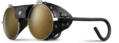 A pair of vintage-style sunglasses with leather accents and round, mirrored lenses.