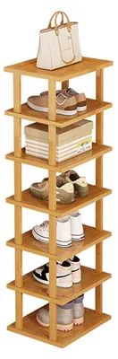 Produktbild von Hohes, schmales Schuhregal aus Holz mit 7 Ablagen, ideal für Eingangsbereich, Wohnzimmer oder Schlafzimmer. Platzsparend. Maße: 25 x 23 x 115 cm.