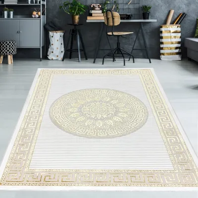 Zdjęcie produktu dla Lśniący dywan designerski z orientalnym wzorem w kolorze biało-złotym – wymiary: 140 x 200 cm