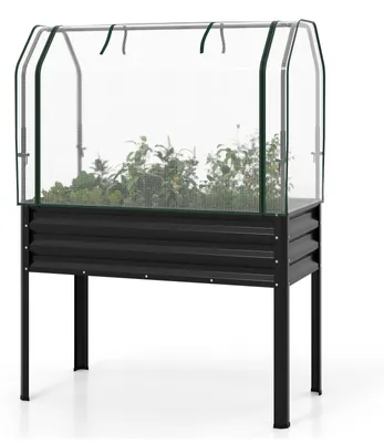 Produktbild von COSTWAY 3 in 1 Hochbeet mit PE-Abdeckung&rollbarer Tür, erhöhtes Gartenbeet aus verzinktem Metall, Gewächshaus, Pflanzbeet 112x55x152 cm Schwarz