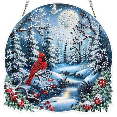 Productafbeelding van Diamond Painting hanger, kardinaal met ketting, knutselset voor raamdecoratie en wanddecoratie