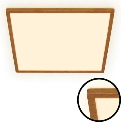 A flat LED ceiling light with a wooden frame, shown against a white background. A close-up inset shows the corner detail of the frame.