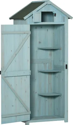 Image de Armoire de jardin, abri de jardin en bois, 77x54,2x179 cm, bleu clair/vert. Abri de jardin avec étagères et fenêtre de ventilation. Toit en asphalte étanche pour jardin