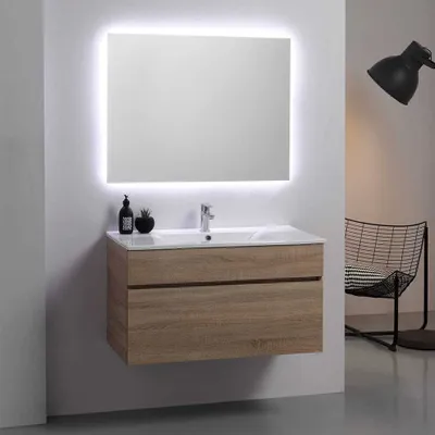 Immagine prodotto di Mobile bagno sospeso moderno 90cm quercia naturale con specchio | Sole