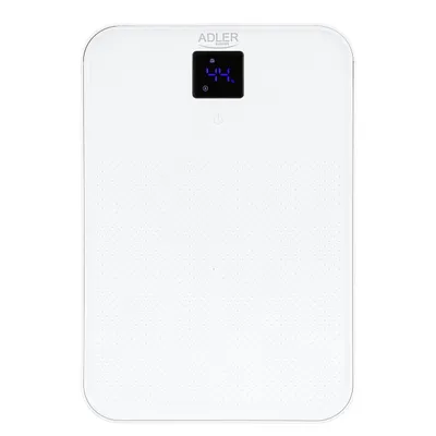 A white digital scale with a blue digital display showing '44.' and the brand name 'ADLER' at the top.