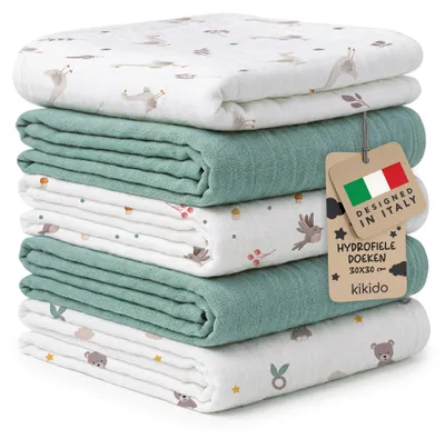 Productafbeelding van Kikido Mousseline Doekjes voor Baby’s 100% Katoen 30 × 30 cm - 5x Mousseline Doekjes, 6 Lagen - Groen