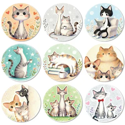 Productafbeelding van Houten onderzetters - 9 stuks met cartoonkattenmotief - voor thuisgebruik