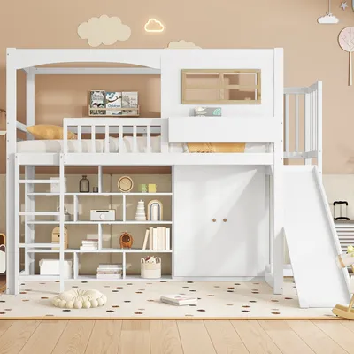 Produktbild von Flieks Etagenbett 90x200cm mit Rutsche, Kinderbett Hausbett Hochbett mit Bücherregal und Kleiderschrank, Stockbett Einzelbett für Kinderzimmer, Weiß