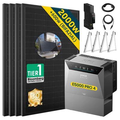 Produktbild von ALLDREI Balkonkraftwerke mit Speicher Anker Solix Solarbank 4 E5000 Pro & BP2700x1,Komplettset mit 4x500W Bifazialer Solarpanel & Smart Meter Gen 2