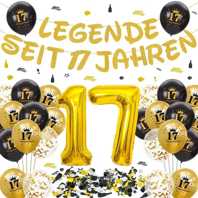 Produktbild von Geburtstagsdeko 17 Jahre Junge Mädchen Schwarz Gold Girlande Luftballons Konfetti XXL Zahlenballon Set
