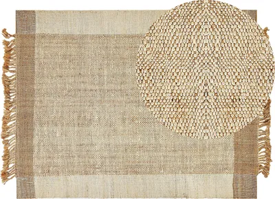 Produktbild von BELIANI Teppich Beige Jute 160 x 230 cm Rechteckig Natürlich Handgewebt Geometrisches Muster Kurzflor Fransen Boho Wohnzimmer Schlafzimmer Esszimmer