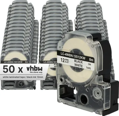 Produktbild von vhbw 50x Schriftband-Kassette kompatibel mit Epson LabelWorks LW-1000P, LW-600P, LW-500, LW-400, LW-300 Etiketten-Drucker 8m x 12mm Schwarz auf Weiß