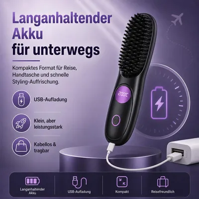 Produktbild von Kabellose Glättbürste mit 3 Temperaturstufen (160/180/200 °C) – LED-Anzeige, USB-C, 25 s Aufheizung – für kurzes Haar und Reisen