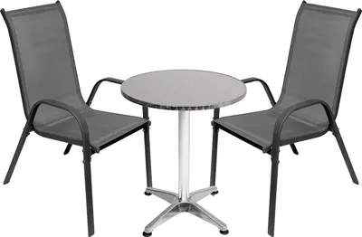 A bistro set with a round table and two chairs, presented on a white background.