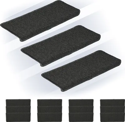 Image de Lot de 15 tapis d'escalier Relaxdays, tapis d'escalier rectangulaires, 65 x 24 cm, tapis d'escalier autocollants, gris foncé