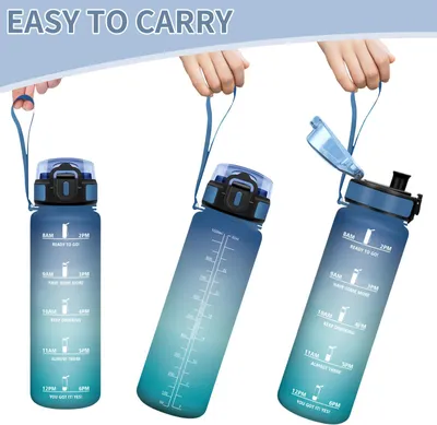 Produktbild von Trinkflasche 1000ml Auslaufsicher mit Zeitmarkierung & Filter, Sportflasche