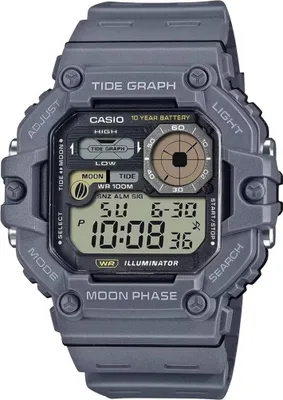 A digital watch with a gray band and case, displaying time, date, and tide graph information.