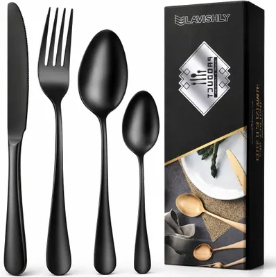 Image de Ensemble de couverts en acier inoxydable noir, 16 pièces, pour 4 personnes, vaisselle pour la cuisine