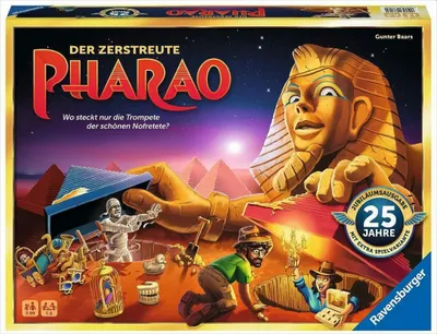 The image shows the box art for the board game "Der zerstreute Pharao" by Ravensburger. It depicts an Egyptian scene with pyramids, a pharaoh's head, and people digging. The game is presented as a "Jubiläumsausgabe" (Anniversary Edition) celebrating 25 yea
