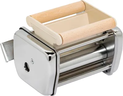 A chrome-plated pasta maker with wooden handles and a cream-colored dough tray.