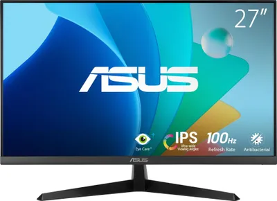 A computer monitor displaying a colorful abstract background with brand logo and feature callouts.