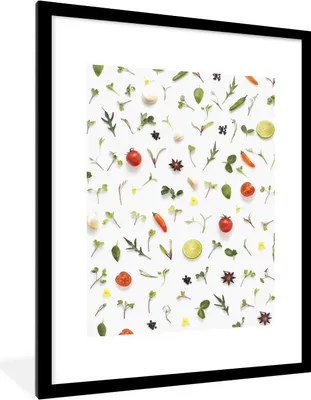 Produktbild von MuchoWow® MuchoWow® Gerahmtes Poster Flachgelegte Früchte, Gemüse, Gewürze und Kräuter 60x80 cm - Poster mit zchwarzem Bilderrahmen - Wohnzimmer - Dekorationen - Prämie