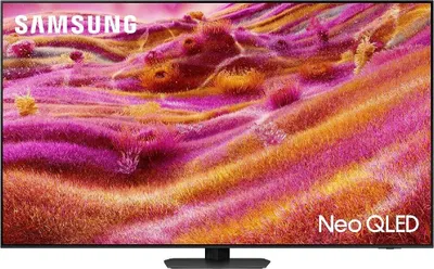 A Samsung Neo QLED TV displaying a colorful abstract image.