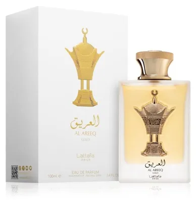 Productafbeelding van Lattafa Al Areeq Gold, uniseks, 100 ml, vloeiparfum, geur: zwarte thee en saffraan, suède, leer en wierook, vanille, muskus en amberhout