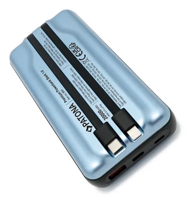 A light blue power bank with two black USB-C cables attached, shown on a white background.