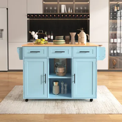 A light blue kitchen island with a wooden countertop is shown in a room with a white refrigerator and a wine cabinet in the background.