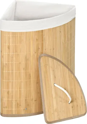 Immagine prodotto di Cesta portabiancheria angolare in bambù 55 litri con coperchio e sacco rimovibile 38 x 38 x 57 cm Legno naturale e bianco