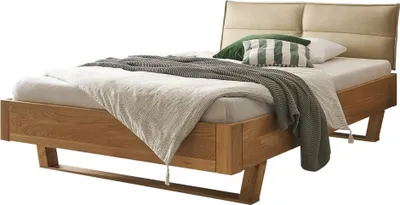 Produktbild von Bett Tjark Eiche Massiv 140x200 mit Polsterkopfteil Beige