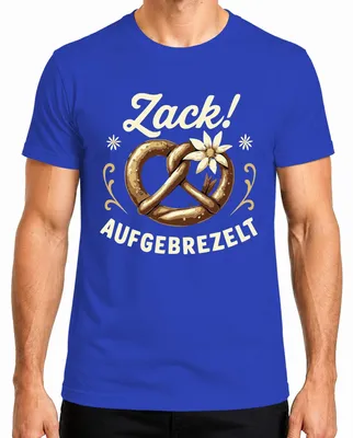 Imagen del producto de Camiseta para hombre, color azul, con motivos de : Bretzel, traje tradicional, Edelweiss (gloriosa alpina) y la palabra "Wiesn" (sinónimo de ), talla S