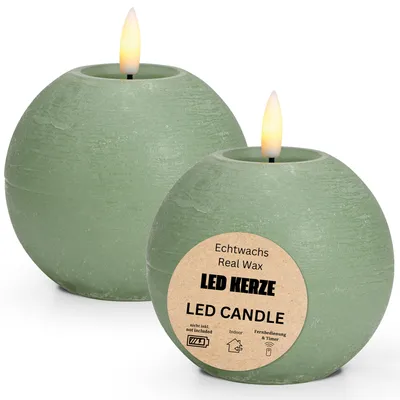 Produktbild von LED Kerze Kugeln Set Wachs, Flackernde Flamme, Ø 10x9, Salbei
