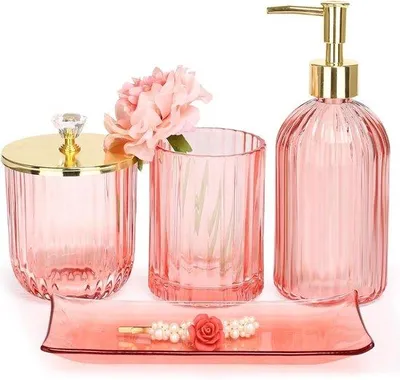 Produktbild von Famanu Badezimmeraccessoires Set - 4-teilig mit Seifenspender, Zahnbürstenhalter, Apothekerbehälter und Tablett