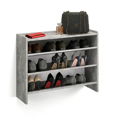 Produktbild von KOMTO Schuhregal Schmal - Schuhablage Flur mit 3 Ebenen Offener Schuhschrank Schuh Organizer Platzsparend Elexis 80 x 25 x 60 cm Beton