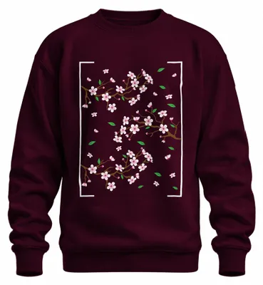 Imagen del producto de Camiseta de cuello redondo y manga larga, estilo uni, con estampado de flores de cerezo (sakura), ramas de cerezo, motivos florales de primavera, diseño japonés. Color burdeos, talla XXL