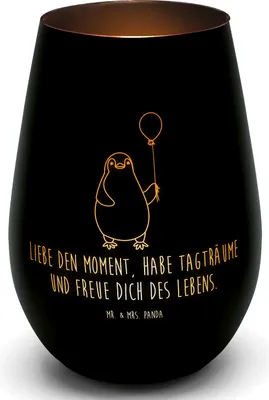 Produktbild von Mr. & Mrs. Panda Windlicht Glas Pinguin Luftballon - Schwarz - Geschenk, Liebe, Motivation, Teelichthalter Gold, Laterne, Gute Laune