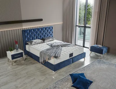 Produktbild von Schlafzimmer-Set "Lona" – Bett mit Bettkasten und Matratze , Nachttisch, Hocker-Blau
